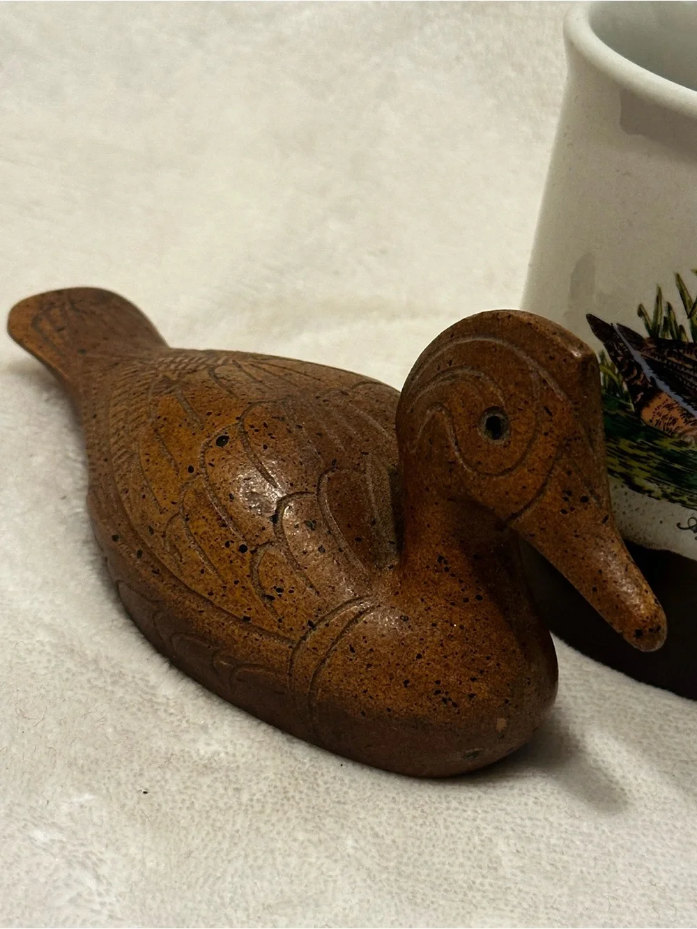 Hand Carved Wooden Duck Figurine Folk Art Cabin Lodge Decor Rustic Bird Vtg Mug